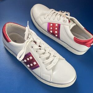 TOM TAILOR white leather tennis shoes studs metallic pink red 39 NEW